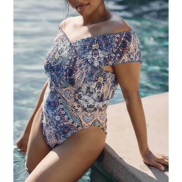 By Anthropologie Swimsuit Women’s 3X Plus Smocked Off-The-Shoulder One-Piece - Picture 2 of 11